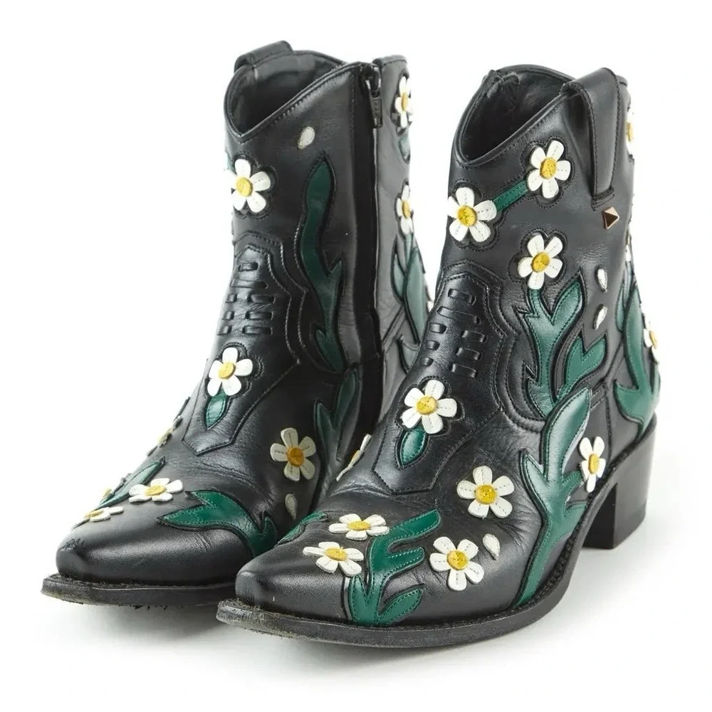 Valentino Garavani Black Leather Daisy Ankle‎ Cowboy Boots 5.5 - 6 Women Size 36